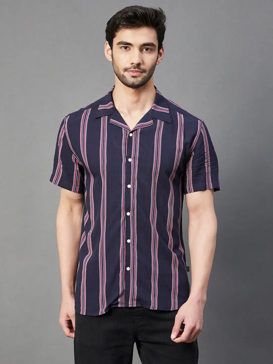 Rigo Navy Multi Stripe Cuban Collar Half Sleeve Rayon Shirt