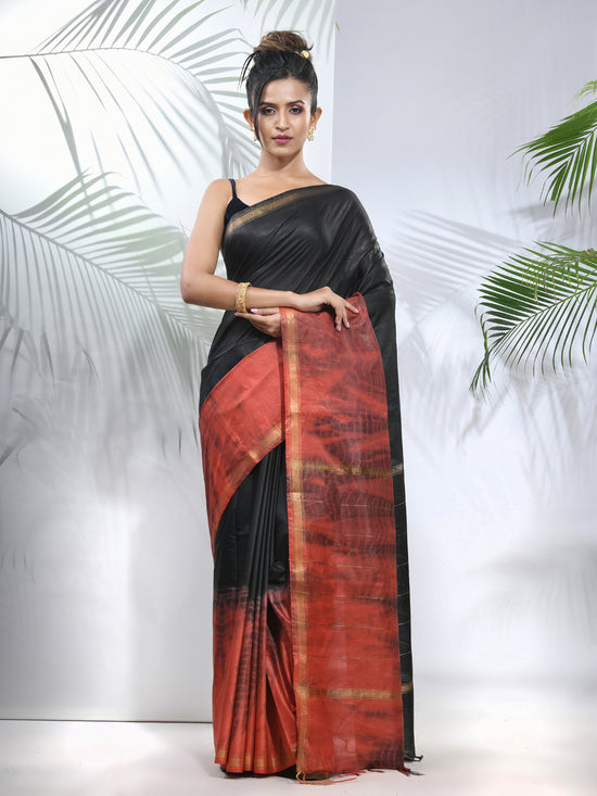 Black And Rust Shibori Printed Silk Saree-MA56BSL34660013