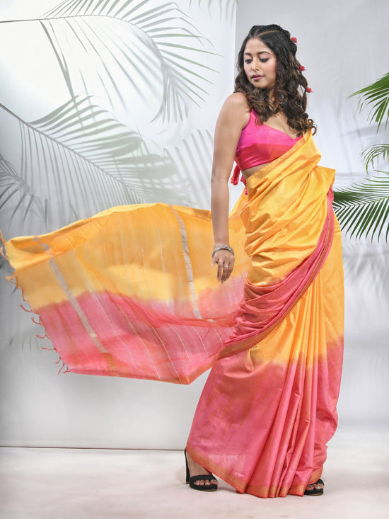 Yellow And Flamingo Pink Silk Saree With Zari Borders-MA56BSL34660011