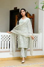 Vaasva Women Pista Linen Embroidered Solid Kurta Set With Solid Pants & Chiffon Embroidered Dupatta-142-Vaas-Pista