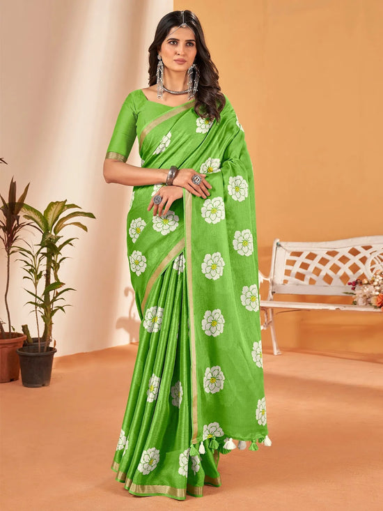 Saree Mall Women's Cotton Slub Green Printed Designer Saree With Blouse Piece-NAVYA114