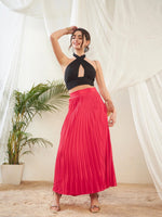 Women Red Satin Accordion Pleated Maxi Skirt