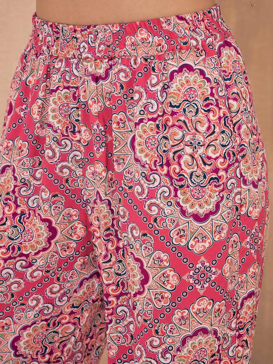 Women Pink Ethnic Motif High Low Shirt With Pocket Jogger Pants