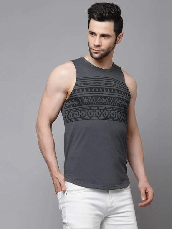 Rigo Dark Grey Placement Print With Curved Bottom Sleeveless T-Shirt Vest