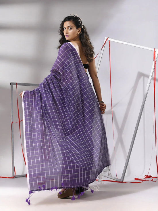 Violet Cotton Saree With Check Designs-MA55CT06520146