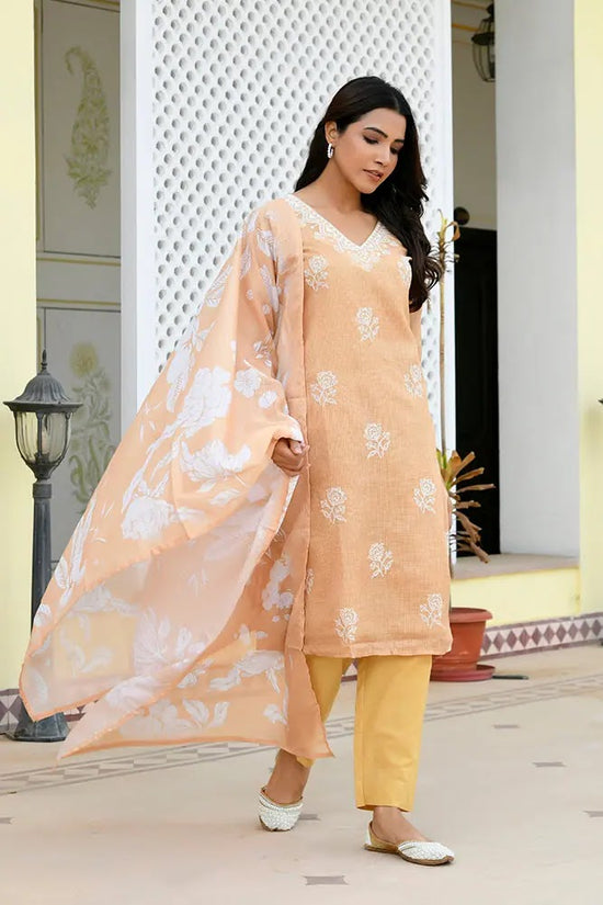 Vaasva Women Mustard Kota Doria Embroidered Solid Kurta Set With Solid Pants & Printed Dupatta-144-Vaas-Mustard