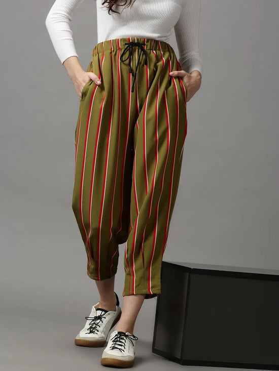 Women's Olive Striped Trouser-AE-10406-Olive