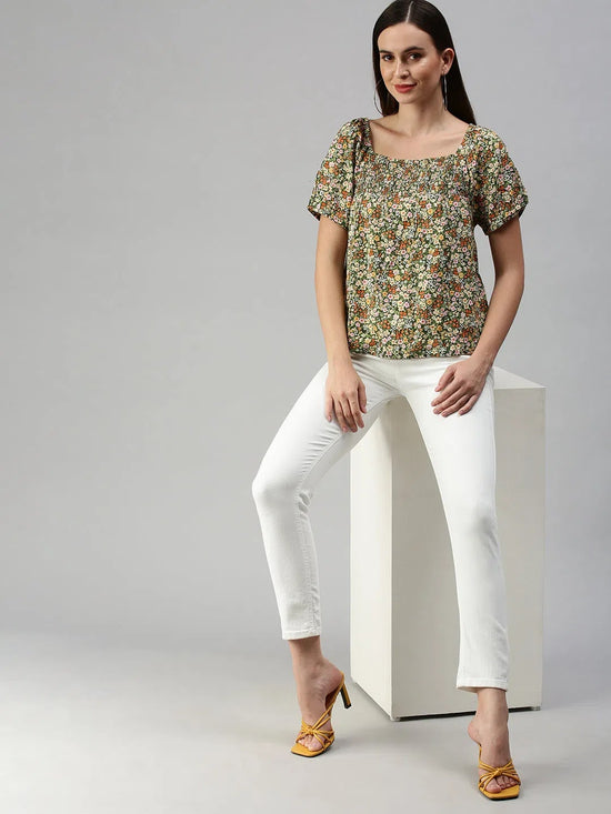 Women's Green Printed Tops-ON-01-Greenmulti