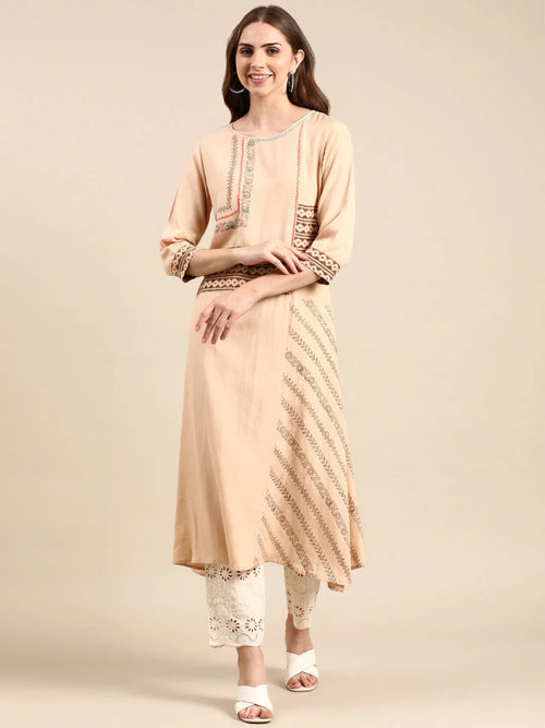 Women's Beige Printed A-Line Kurta-DW-9094-Beige