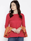 Ikat Printed bell sleeve boat neck top in Red