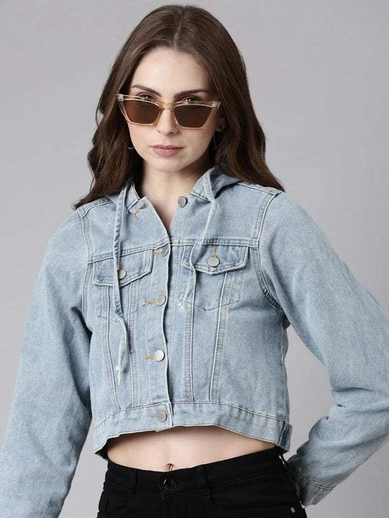 Women Blue Solid Denim Jacket-CHN-369-Blue