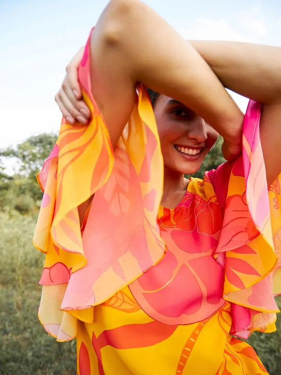 Double layered frill sleeve top in Yellow Print