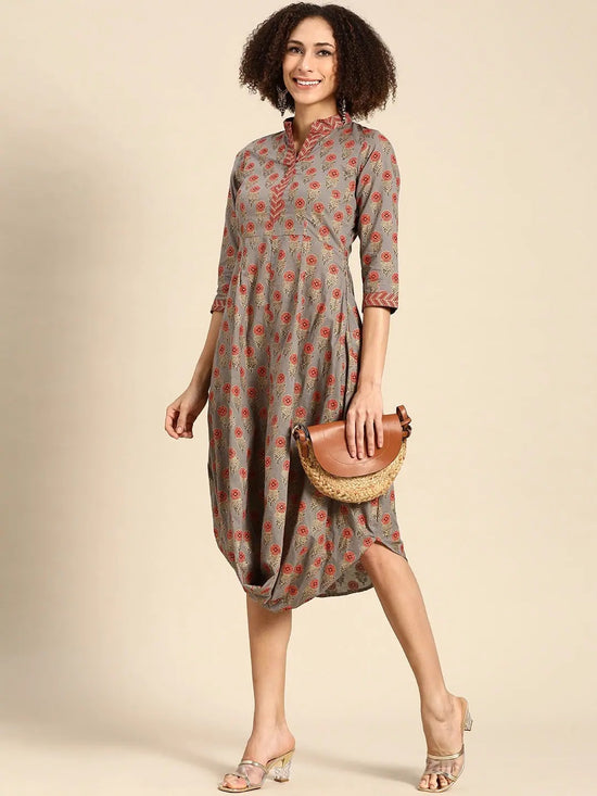 Front cowl mandarin collar Dress in Grey Print