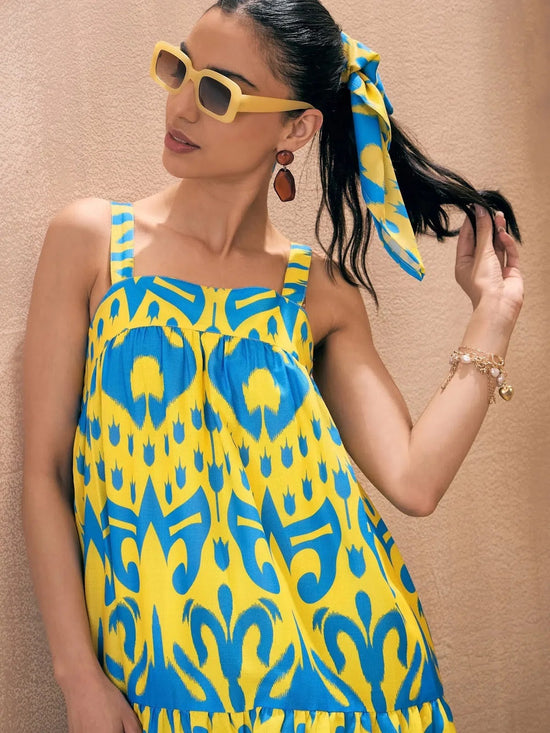 Women Yellow & Blue Ikat Loose Fit Strappy Tiered Maxi