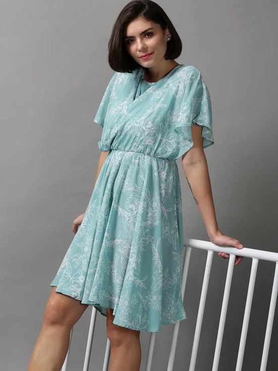 Women's Green Printed Fit and Flare Dress-AE-15615-Seagreen