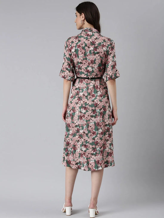 Women Green Floral Shirt Dress-AE-10680-Green