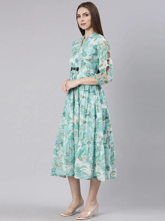 Women Turquoise Blue Floral Fit and Flare Dress-BC-CK-926-Turquoiseblue