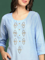 Women's Blue Embellished Straight Kurta-SKC-3217-Blue