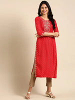 Women's Red Embroidered Straight Kurta-AT-A-769-Red