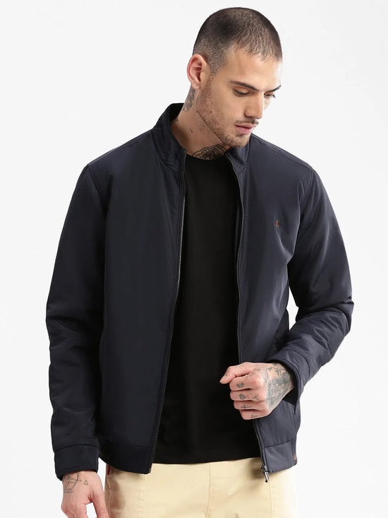 Men Mock Collar Navy Blue Solid Bomber Jacket-ZD-3406-Navyblue