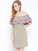 Off shoulder mini dress with print on the frill in Taupe Color