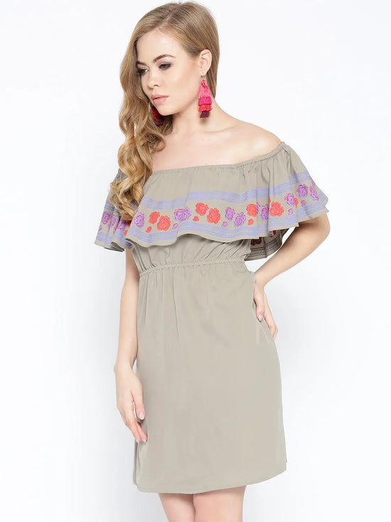 Off shoulder mini dress with print on the frill in Taupe Color