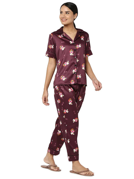 Smarty Pants Women's Silk Satin Maroon Color Dog Print Night Suit