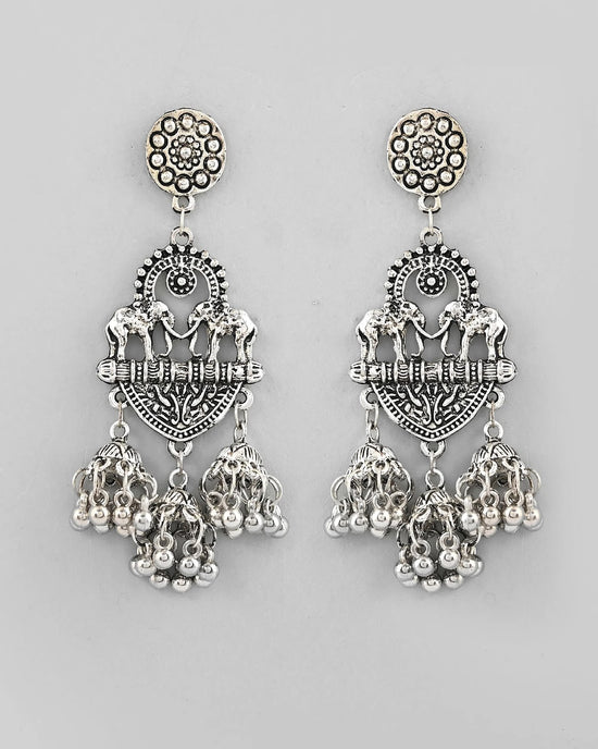 Silver-Plated Elephant Oxidized Contemporary Drop Earrings-VOJ356