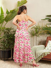 Women Pink Floral Strappy Ruflle Maxi Dress