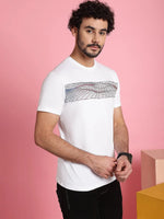 Venitian Men Printed Round Neck White Cotton Lycra T-Shirt