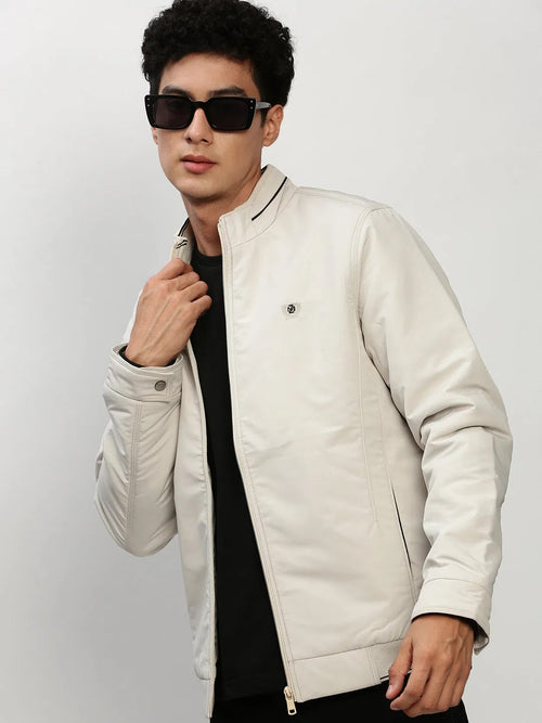 Men Cream Solid Casual Bomber Jackets-ZD-3405-Cream