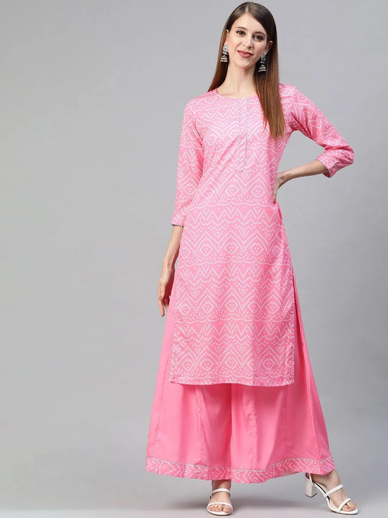 Ahika Women Crepe Pink Bandhani Printed Straight Kurta Palazzo Set