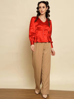 Red Satin Top with Pleat Detail