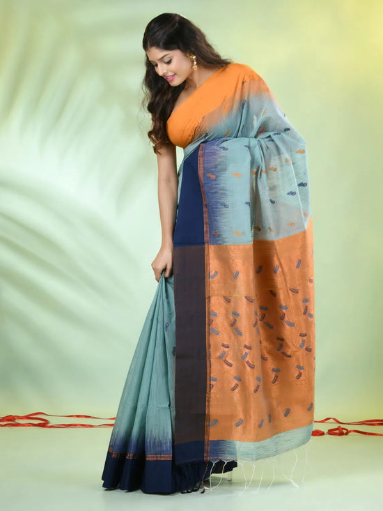 Mint Green Cotton Ikat Saree With Ganga Jamuna Border-MA66BCT431380078