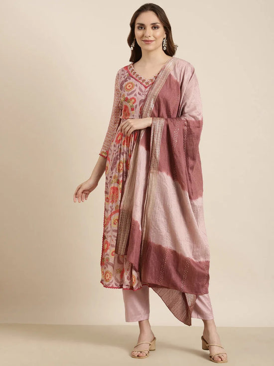 Women Anarkali Peach Ethnic Motifs Kurta and Trousers Set Comes With Dupatta-BC-SK-1829-Peach