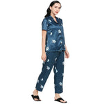 Smarty Pants Women's Silk Satin Teal Blue Color Baby Elephant Printed Night Suit