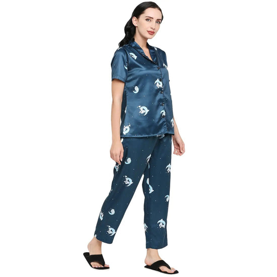 Smarty Pants Women's Silk Satin Teal Blue Color Baby Elephant Printed Night Suit