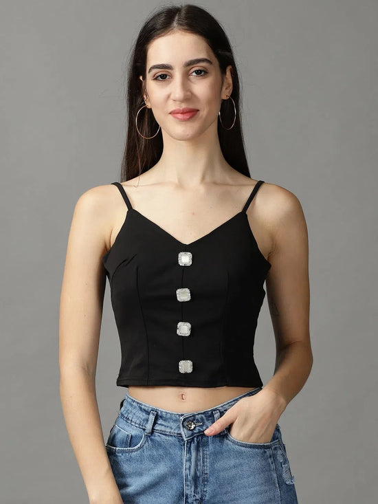 Women's Black Solid Fitted Crop Top-TG-213-Black