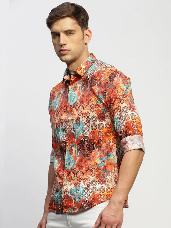 Men Orange Printed Shirt-PRISM-1692-Orange