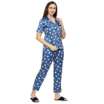 Smarty Pants Women's Silk Satin Teal Blue Color Floral Print Night Suit