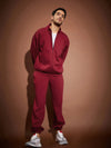 Men Maroon Front Zipper Oversized Sweatshirt With Joggers