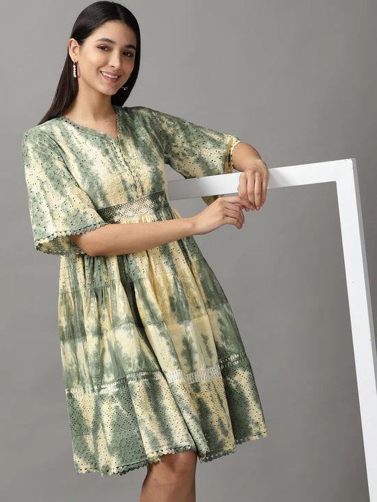 Women's Green Tie Dye Fit and Flare Dress-GW-3290-Olive