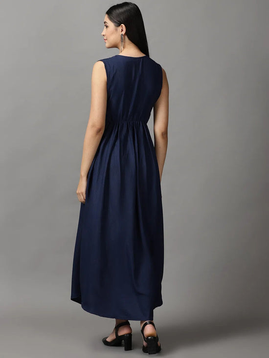 Women's Navy Blue Solid Fit and Flare Dress-AE-15750-Navyblue