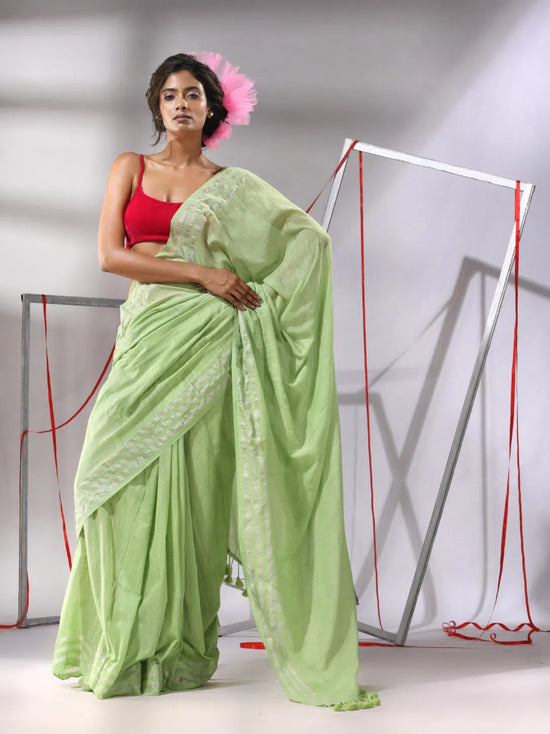 Pear Green Cotton Saree With Zari Stripes Pallu-MA55CT06530010