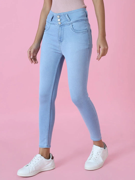 Women's Blue Solid Skinny Fit Denim Jeans-GZ-5351-Blue