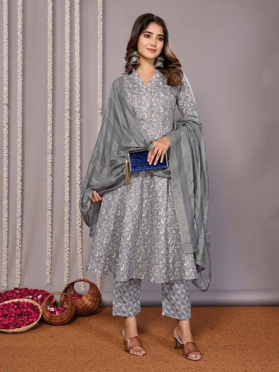 Navyaa Women's Cotton Blend Printed Anarkali Kurta Pant With Dupatta-Me221-mggrey-skd