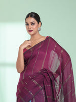 Dark Purple Half & Half Cotton Saree With Zari Stripes-MA59CT06540008