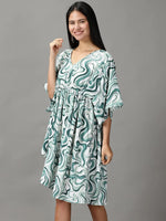 Women's Green Printed Fit and Flare Dress-AE-15778-Seagreen