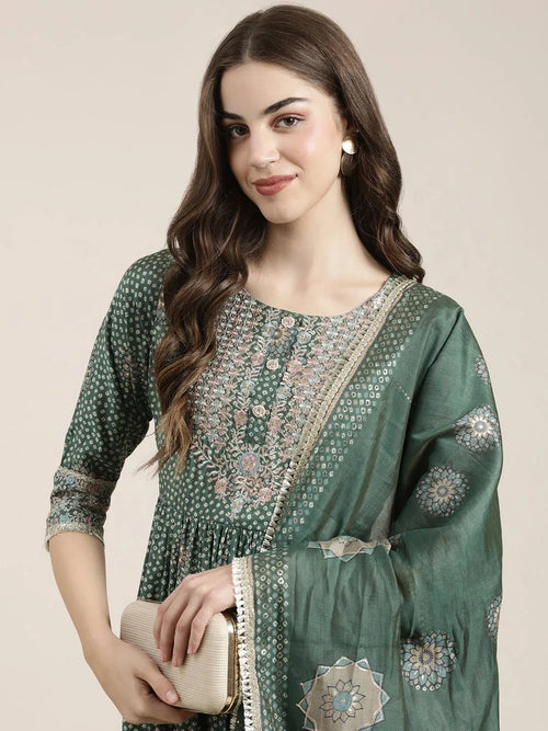 Women Green Printed Kurta Set-GW-3811-Green