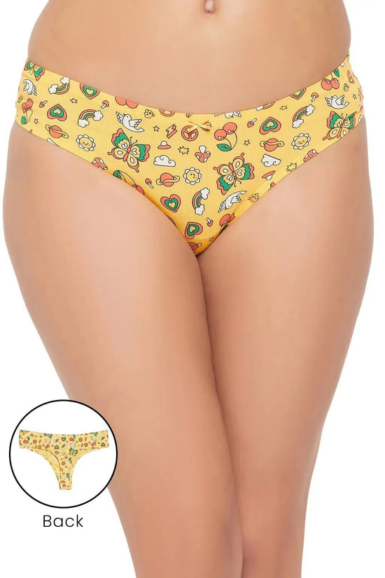 Clovia Low Waist Printed Thong in Yellow - Cotton